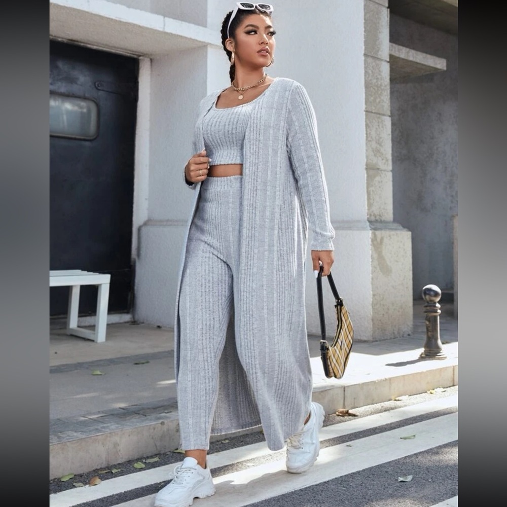 SHEIN EZwear Plus Rib-knit Tank Crop Top & Open Front Coat & Leggings Set